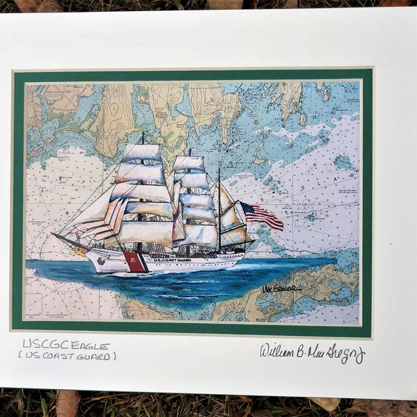 USCGC Eagle art print - WIX-37 - US Coast Guard academy Groton Ct tall Ship map painting gift veteran sailor academy