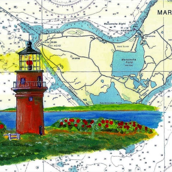 Gay Head Lighthouse art print-Martha’s Vineyard Aquinnah MA Cape Cod - island map painting ocean beach summer vacation home wall decor gift