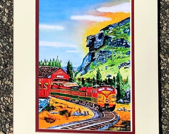 Mt Washington Valley Train & the Old Man of the Mountain art print-Jackson NH Covered bridge - North Conway White Mountains hiker gift