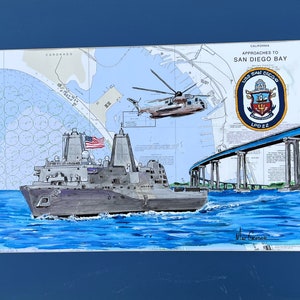Original Painting USS San Diego LPD-22 - US Navy artwork ship - San Diego harbor nautical chart art - Naval veteran On Sale Bargain price