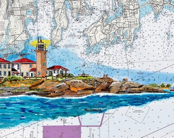 Beavertail Lighthouse art print - Jamestown RI - Beavertail State Park Narragansett Bay - map poster boater nautical chart wall decor gift