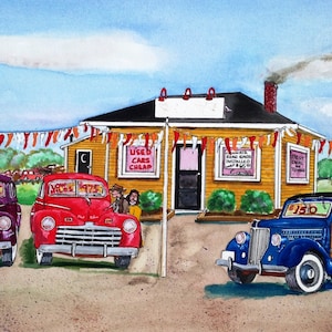 Used Car Dealer Art Print Early Ford V8 Cars Personalized Add your name on the sign Great for your office or gift for car sales person image 1