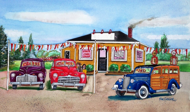 Used Car Dealer Art Print Early Ford V8 Cars Personalized Add your name on the sign Great for your office or gift for car sales person image 1