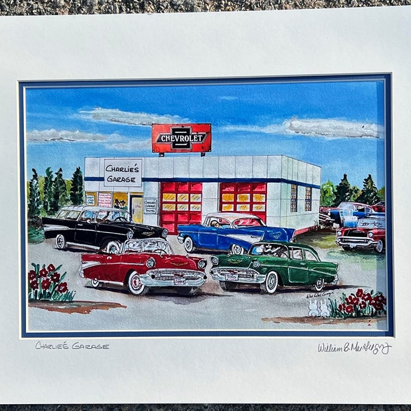 Chevy 1957 in front of Personalized Garage art print - hot street rod nomad convertible Bel Air Sedan Bowtie Chevrolet 1957