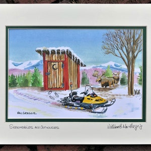 Snowmobiling Time Out Art Print Outhouse funny humor Moose Winter snow snowmobile skidoo- bathroom wall decor cabin gift for dad husband