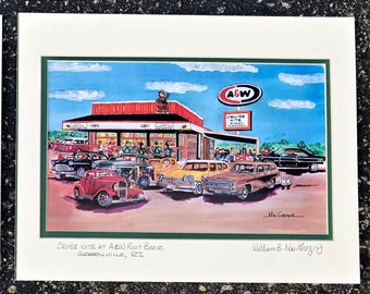 A&W Root Beer art print - Greenville RI - fifties drive-in restaurant car hop service - American Graffiti hot rods cars wall decor art gift