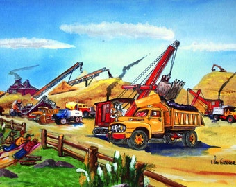 Sand & Gravel Trucks Art Print - Vintage sandpit trucks - Ford Mack Dump Bulldozer Bucket Loader - Boys Room wall decor or Mens Office gift