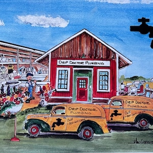 Drip Doctor Plumbing Art Print - funny gift for a plumber office - antique chevy truck - bathroom toilet outhouse gift for dad