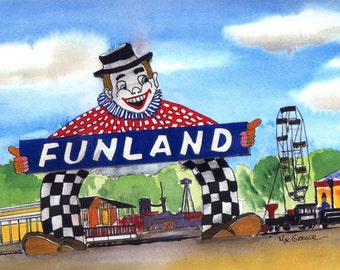 Jolly Chollys Funland Amusement Park Art Print - Jolly Cholly clown Mr JC roadside sign North Attleboro MA roller coaster carnival gift for