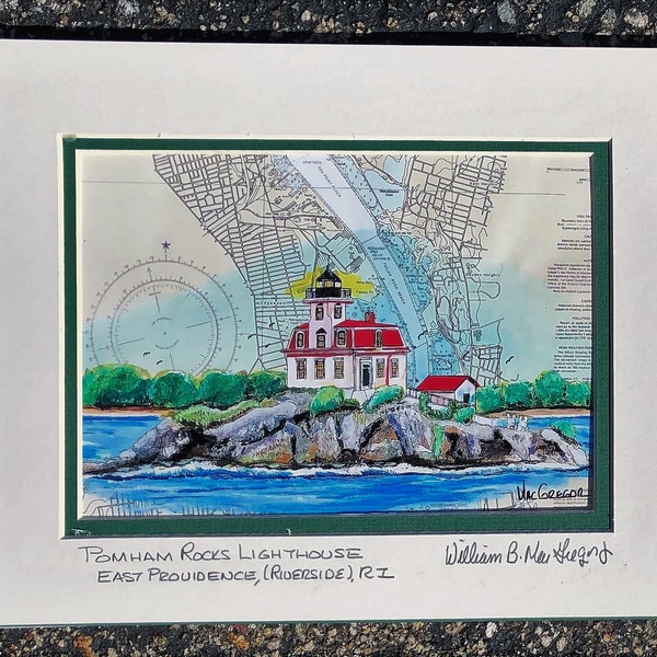 Pomham Rocks Lighthouse art print East Providence Riverside Rhode Island Narragansett Bay boater sail map decor Rhode Island gift