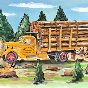 Log Truck Art Print antique Ford logging truck Outhouse timber sawmill woodsman lumberjack arborist logger Double matted wall decor art gift