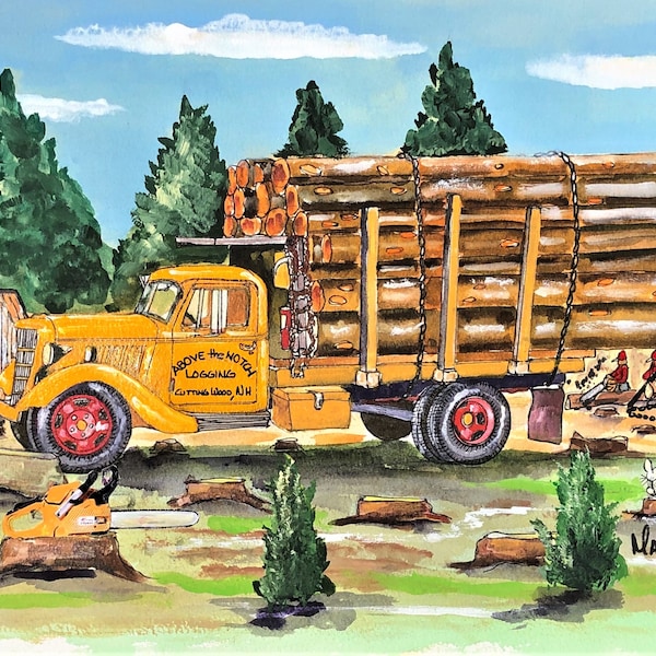 Log truck Art Print - antique Ford logging truck - Outhouse timber sawmill woodsman lumberjack painting gift for arborist tree farmer logger