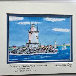 Saybrook Breakwater Lighthouse Art Print circa 1972 Inner Light or Outer Light Old Saybrook CT Lynde Point Light double mat wall decor gift