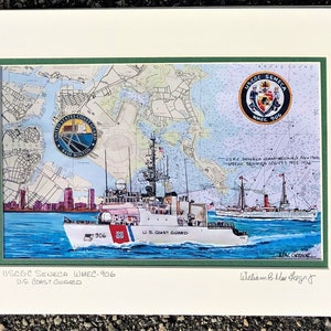 USCGC Seneca WMEC-906 Art Print Boston Harbor nautical chart US Coast Guard cutter Homeport Portsmouth Va Coastie retirement veteran decor