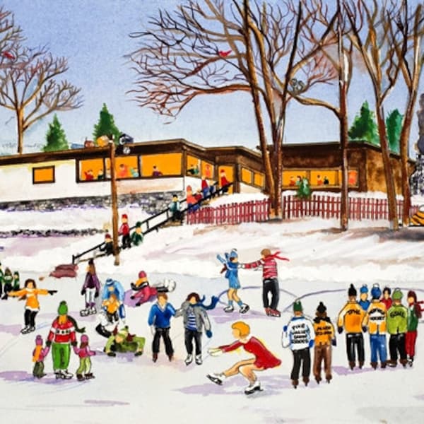 Rocky Woods Art Print - Medfield Dover Westwood MA - hockey pond snowmobiling - wall decor winter ice skating scene gift for ice Skaters