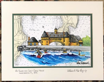 the Towers Art Print Narragansett RI Coast guard House Restaurant surfing surfer beach boardwalk wedding Rhody nautical chart wall decor