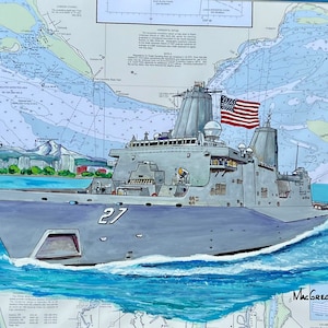 USS Portland LPD-27 art print - US Navy ship -San Diego Naval Base - Marines wardroom veteran wall decor nautical chart shipmate gift for