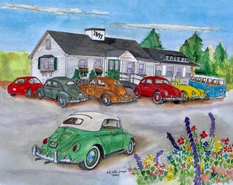 Bubbling Brook art print - Westwood MA - classic VW Volkswagon cars, bus - restaurant ice cream clam shack wall decor gift