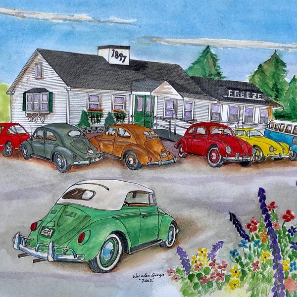 Bubbling Brook art print - Westwood MA - classic VW Volkswagon cars, bus - restaurant ice cream clam shack wall decor gift