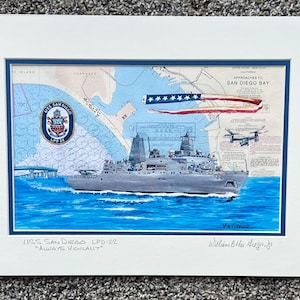 USS San Diego LPD-22 art print US Navy artwork ship San Diego Naval base wardroom veteran pilot retired sailor matted wall decor art gift