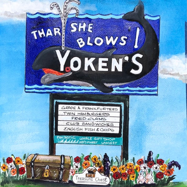 Yoken's Restaurant and Gift Shop nostalgia art print - famous whale neon roadside sign on Route 1 in Portsmouth New Hampshire