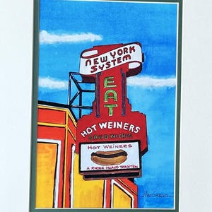 Rhode Island Hot Wieners Art Print New York System Weiner Only in RI Hot Dog Frankfurt Olneyville  Rhody kitchen wall decor painting gift