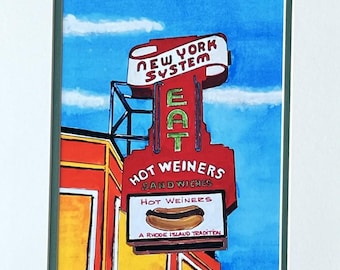 Rhode Island Hot Wieners Art Print New York System Weiner Only in RI Hot Dog Frankfurt Olneyville  Rhody kitchen wall decor painting gift