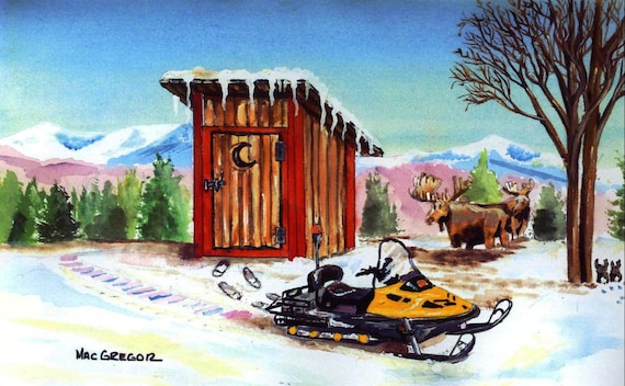 Snowmobiling Time Out Art Print Outhouse Funny Humor Moose Winter Snow  Snowmobile Skidoo Bathroom Wall Decor Cabin Gift for Dad Husband 