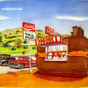 Tail o’ the Pup Watercolor art print Iconic Hot Dog Stand Los Angeles, CA  Gift