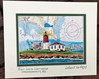 Point Judith Lighthouse art map - Narragansett, RI Rhode Island - bay US Coast Guard Station fisherman  double mat wall decor coastie gift
