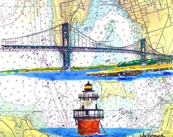 Mt. Hope Bridge & Hog Island Shoal Lighthouse art print - Portsmouth Bristol RI Rhode Island - boater sailor rhody nautical chart gift for