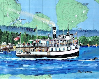 Katahdin art print Moosehead Lake Greenville Maine painting map steamboat tourist cruise ship BIW Gift