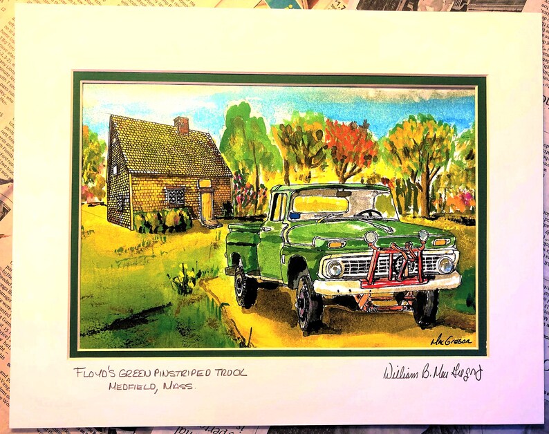 Floyd/'s green pinstriped truck and the historic Peak House Art Print Medfield MA watercolor painting wall decor gift