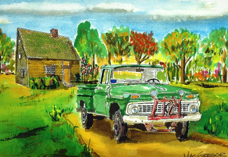 Floyd/'s green pinstriped truck and the historic Peak House Art Print Medfield MA watercolor painting wall decor gift