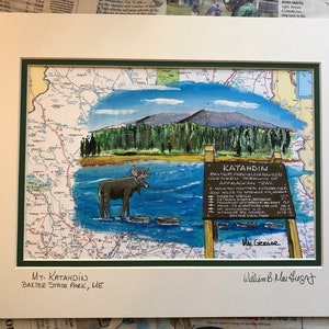 MT Katahdin matted art print or magnet - Baxter State Park Summit sign Maine ME - Moose - End of Appalachian Trail AT hiker backpacker Gift