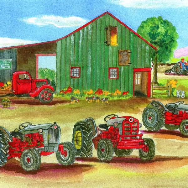 Ford Tractor Art Print  2N 8N NAA Golden Jubilee Old Ford farmers market vegetable stand truck fields watercolor painting  tractor fan gift