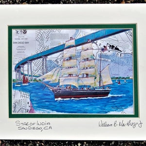 Impression d'art Star of India Maritime Museum of San Diego, Californie, clipper, navire marchand, Coronado Bridge Naval Base, carte marine, cadeau de décoration murale