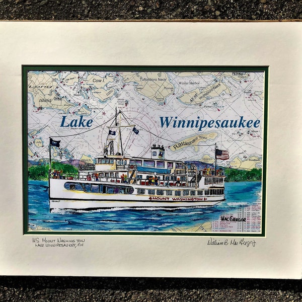 MS Mount Washington art print - Lake Winnipesaukee Laconia NH - boat Weirs Beach Wolfeboro Alton Bay nautical chart wall decor gift