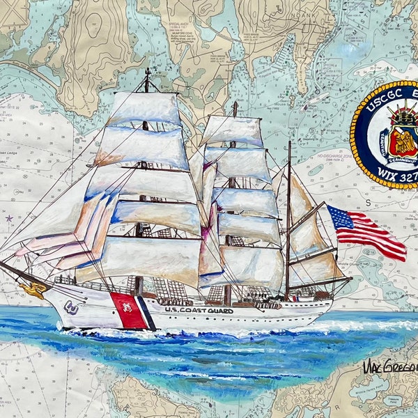 USCGC Eagle art print WIX-37 US coast guard academy Groton ct- tall ship map painting veteran coastie sailor cadet - nautical chart gift for