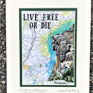Live Free or Die art print Old Man of the Mountain map poster NH Road Map Cannon White Mountains AMC hiker vacation home granite state gift