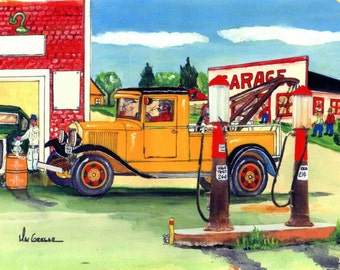 24 Hour Towing Personalized Art Print - Add Your name on the Garage sign & tow truck's door - great gift repair office truck driver mechanic