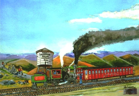 MT WASHINGTON VALLEY TRAIN ART PRINT Old Man of the Mountain White NH gift hiker
