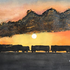 Railroad freight train art print abstract  painting coal railroad railway locomotive freight station depot tracks boy&#39;s room buff fan gift