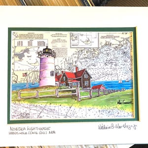 Nobska Light Art Print Woods Hole MA Cape Cod Nobsque Light Falmouth nautical chart watercolor painting summer house matted wall decor print