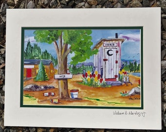 Outhouse Art Print - His & Hers - Personalize by adding your name on the cabin's sign - funny bathroom laundry room wall decor cottage gift