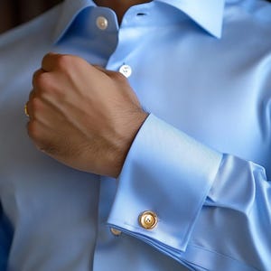 Men’s Powder Blue Tailored Dress Shirt – Satin Formal Work Shirt with Double Cuffs and Brass Cufflinks