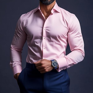 Baby Pink Satin Dress Shirt: Brass Double Cuff, Tailored Fit