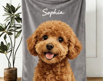May include: A gray fleece blanket featuring a large, detailed illustration of a brown poodle with its tongue out. The name "Sophia" is written in white script at the top. The blanket is held up by a person.
