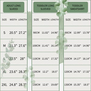 May include: A size chart for adult long-sleeved shirts, toddler long-sleeved shirts, and toddler sweatshirts. The chart displays sizes S to 2XL for adults, and 90cm to 130cm for toddlers, with width and length measurements in inches and centimeters.
