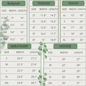 May include: Size chart for bodysuits, toddler, youth, sweatshirts, and hoodies. Measurements are in inches. Includes size, width, and length for each garment type. Sizes range from 0-3M to 2XL.